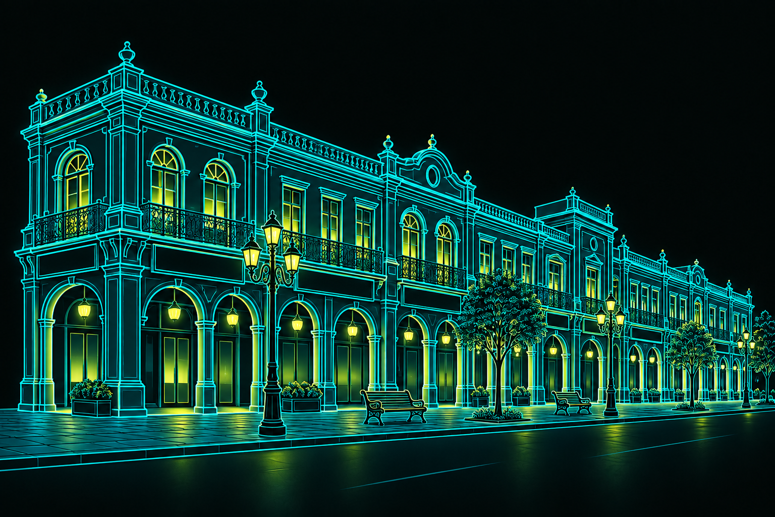 Teal and lime illustration of the heritage streetscape in Hazratganj, Lucknow