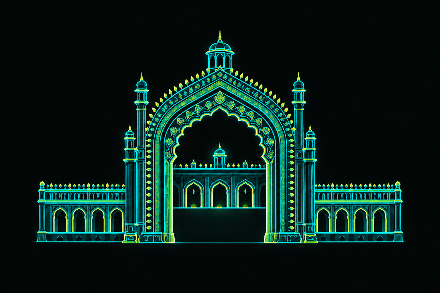 Rumi Darwaza in Lucknow, illustrated in teal and lime