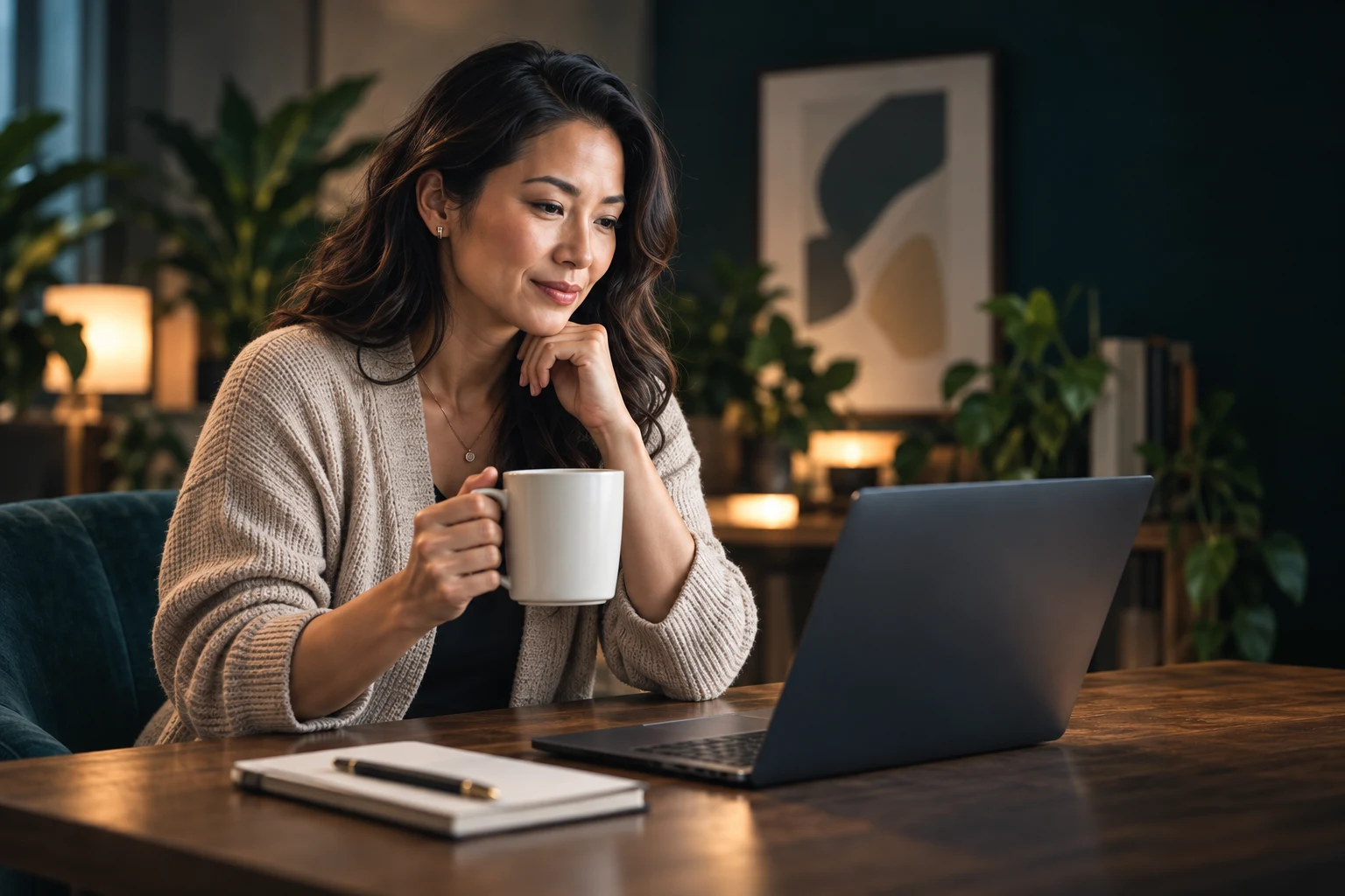 A coach reflecting on her work over a warm mug at her desk