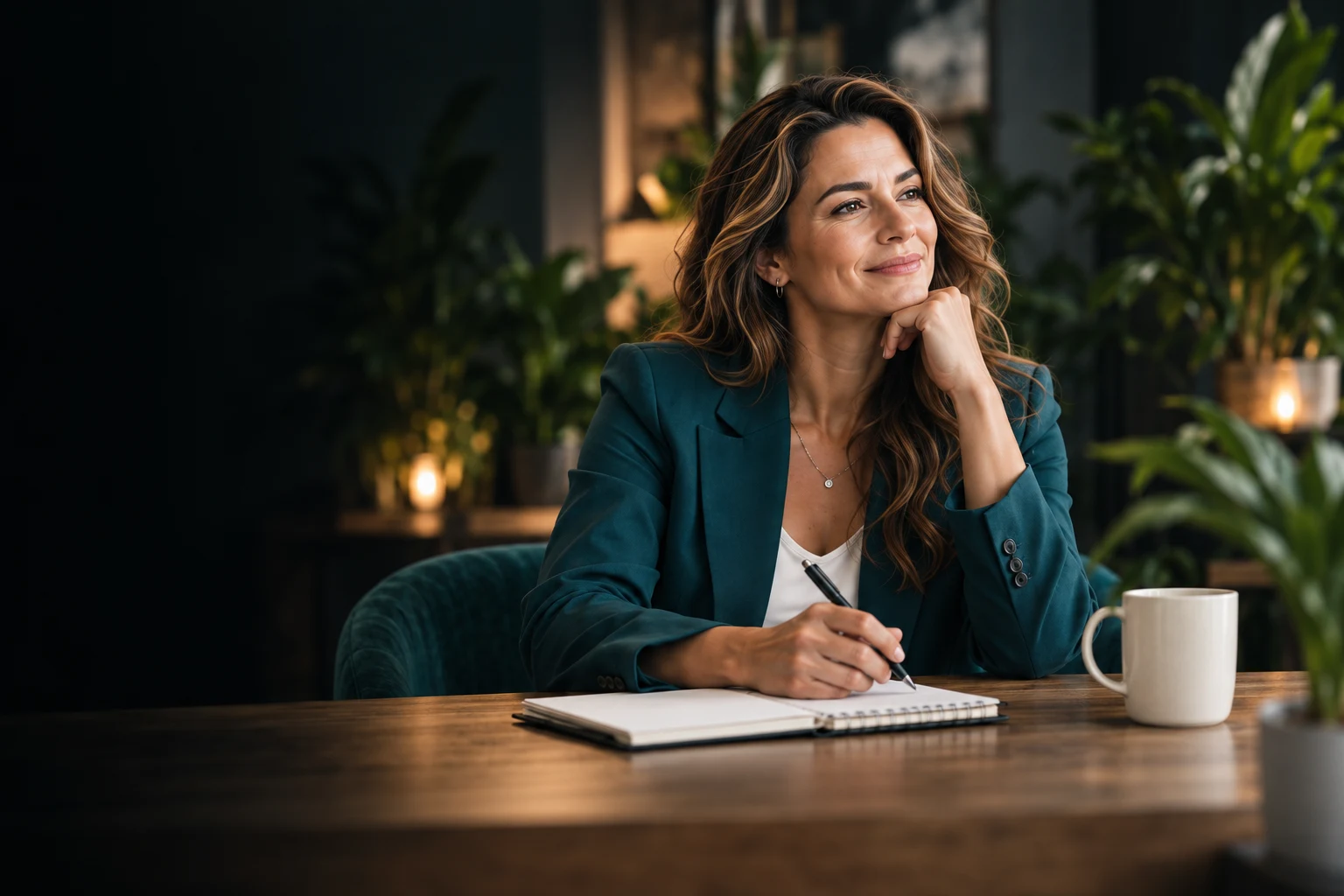 A life coach looking ahead thoughtfully, with her notebook open