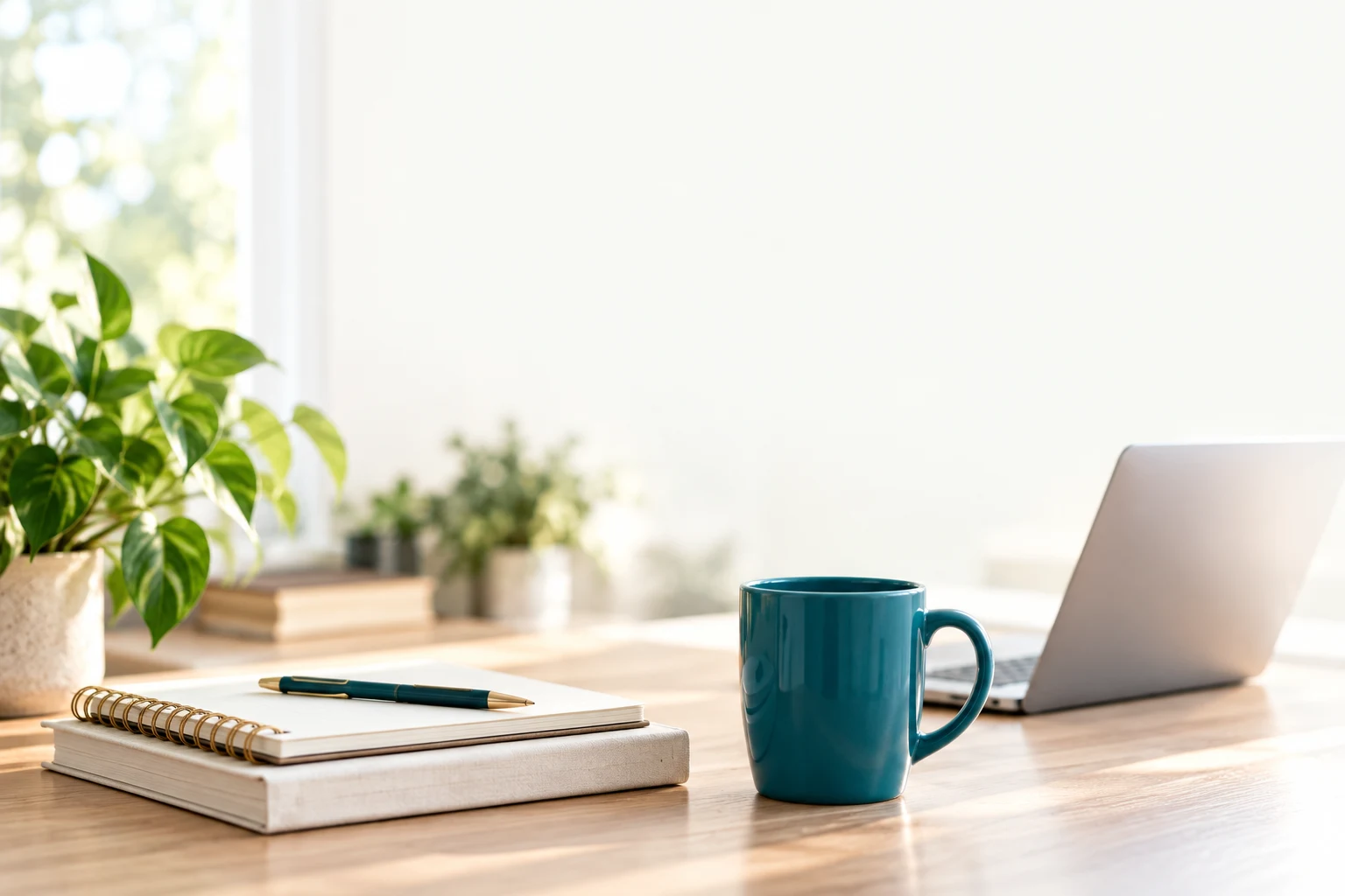 An open notebook and a teal mug on a bright coaching workspace