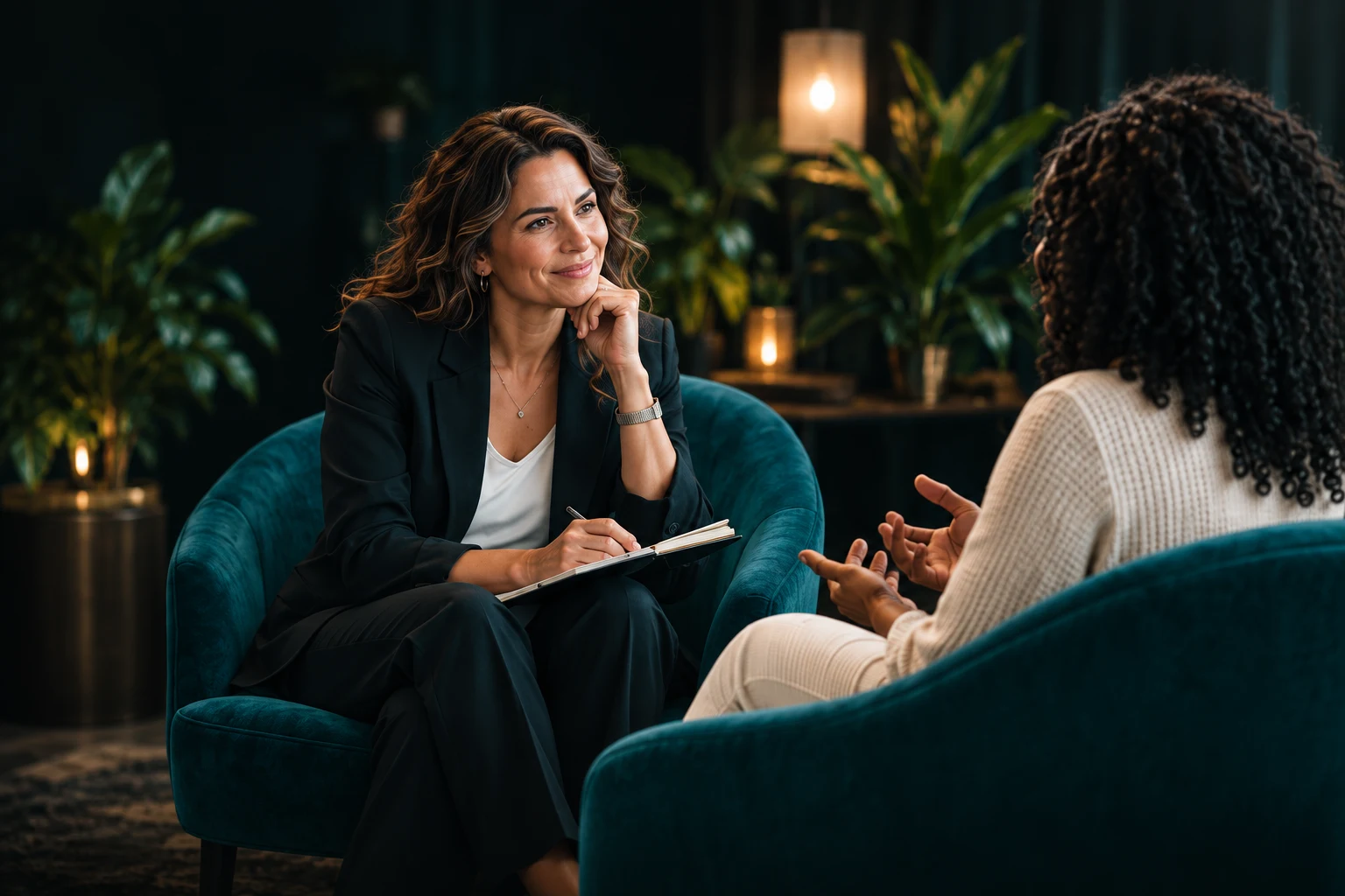 A life coach listening to her client in a calm, welcoming space