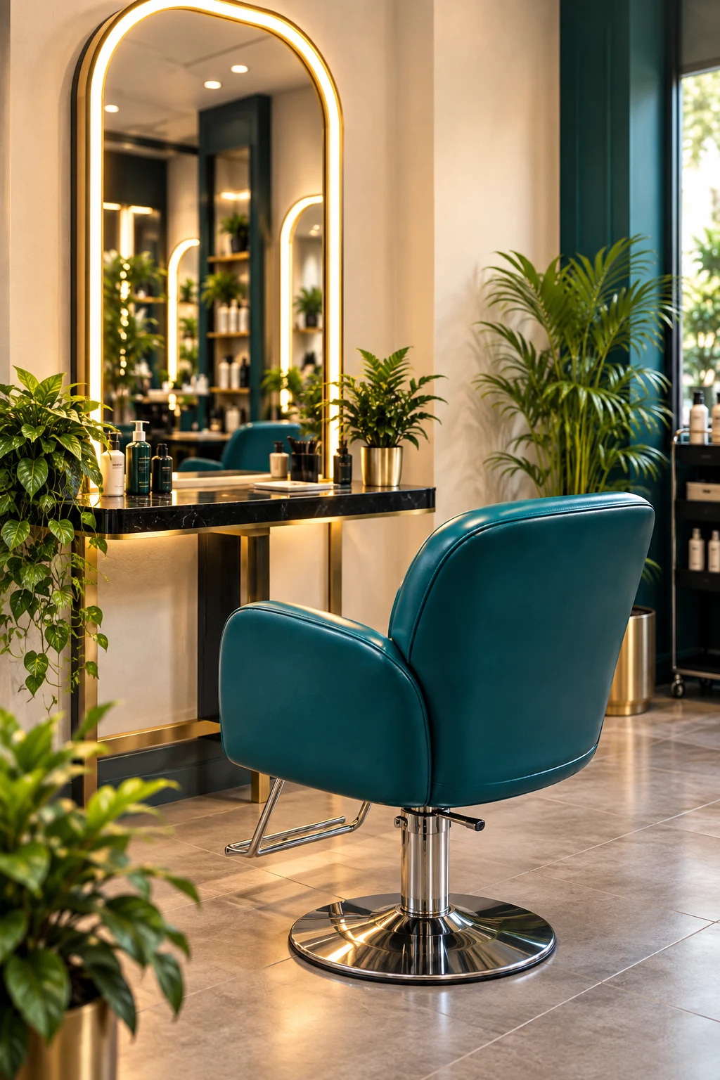 A teal salon chair beside a warmly lit mirror
