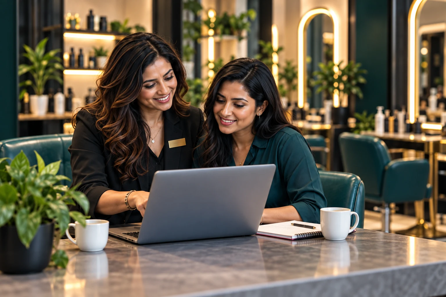 A salon owner and consultant discussing ideas together