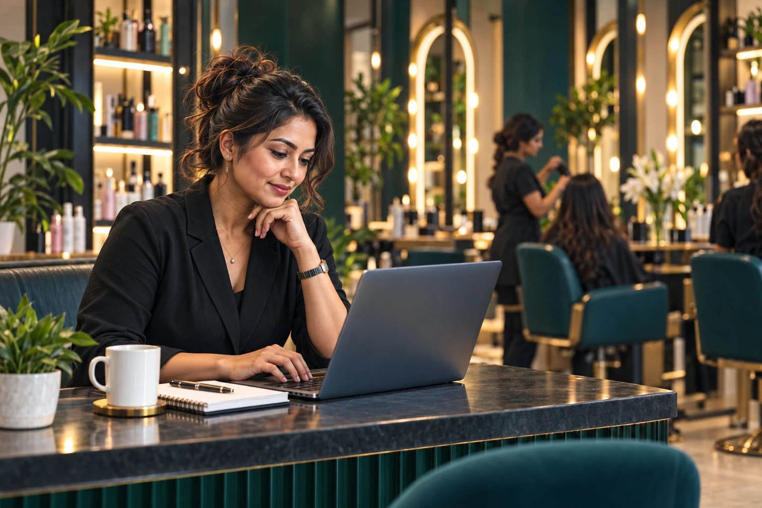 A salon owner planning at her laptop