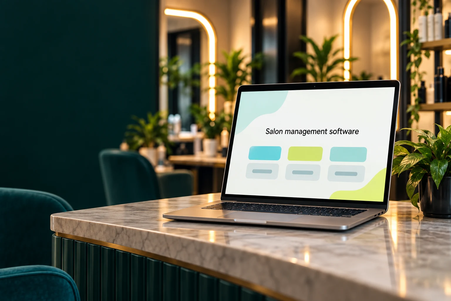 Salon management software concept displayed on a laptop at a reception desk