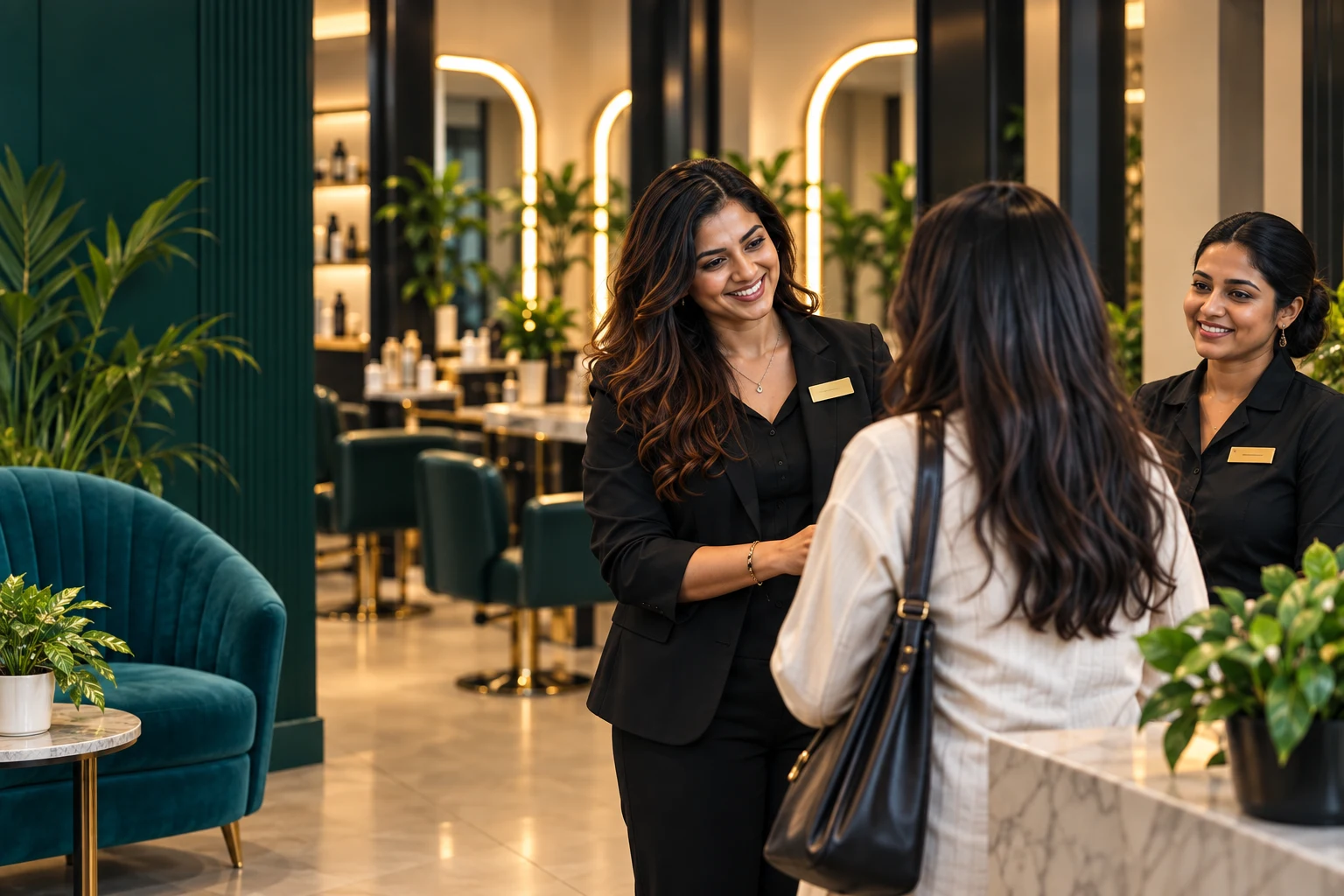 A salon team welcoming a client